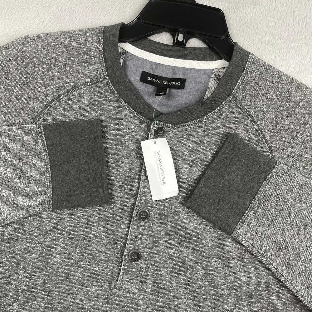 New Banana Republic Henley Shirt Mens Large Heather Gray Long Sleeve Preppy NWT - Picture 1 of 8